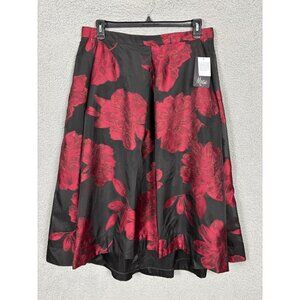 Muse Black & Red Floral Pleated Organza Zip-Back Midi Skirt Size16 NWT's
